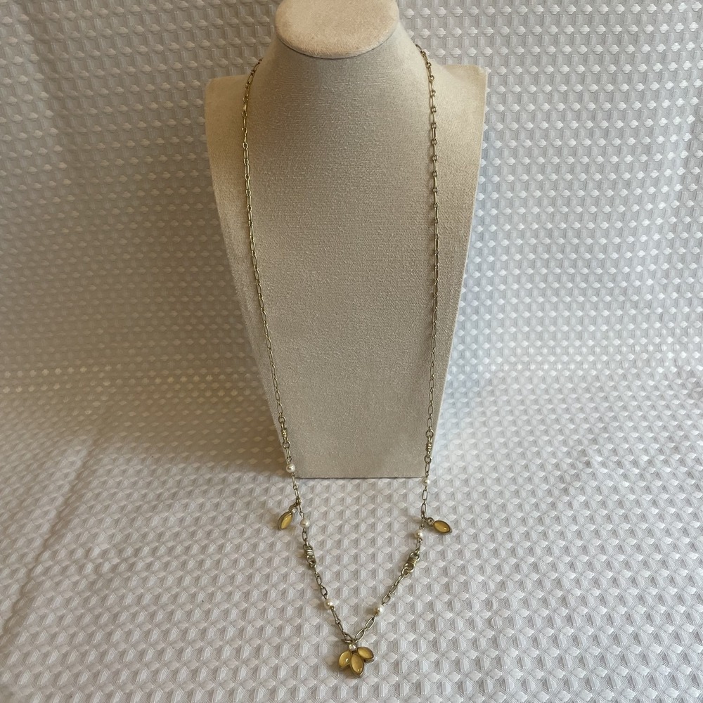 LIA‎ SOPHIA Vintage Gold-Tone Station Necklace Amber Glass & Faux Pearls #643